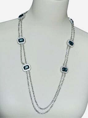 Long Necklace Lab Created Sapphire Blue Rhinestones matching earrings attached